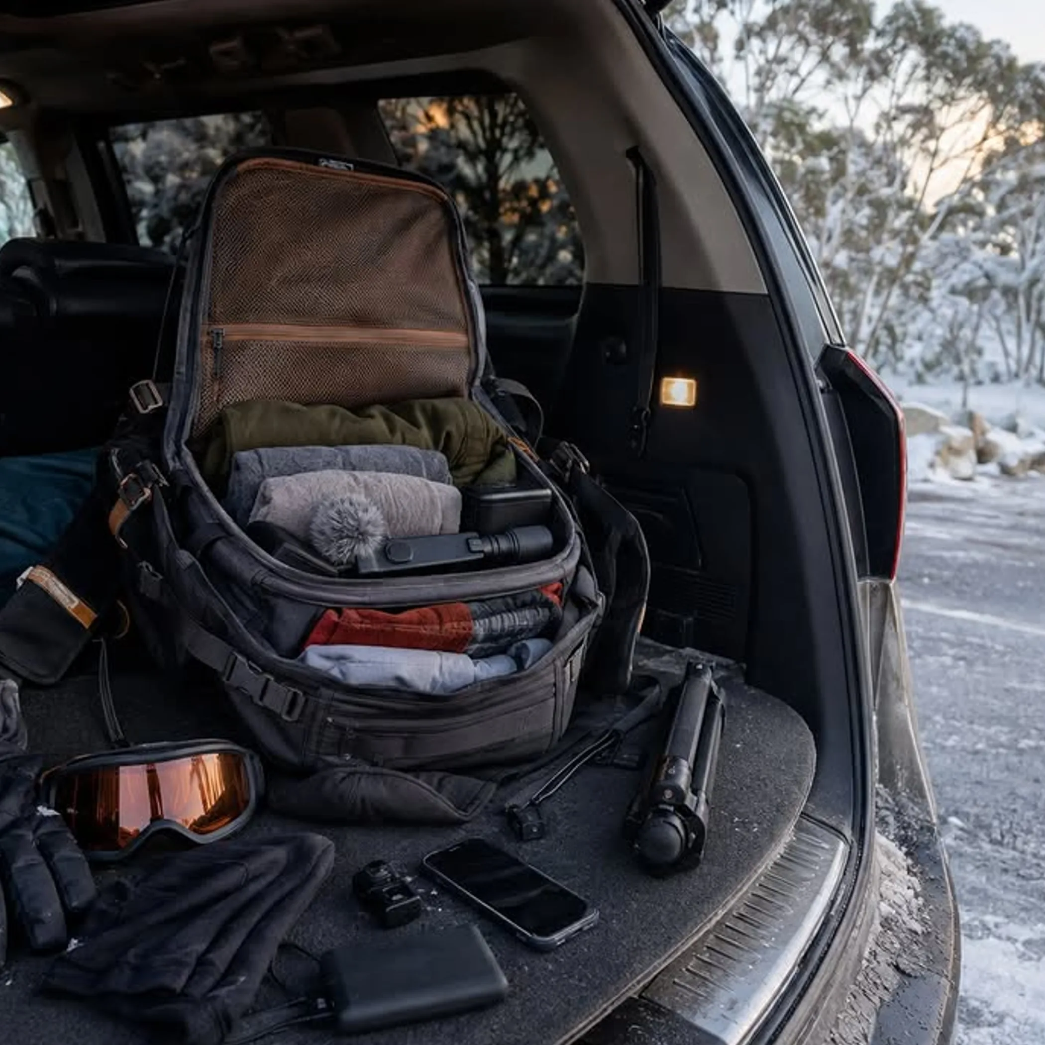 packed gear for snow trip